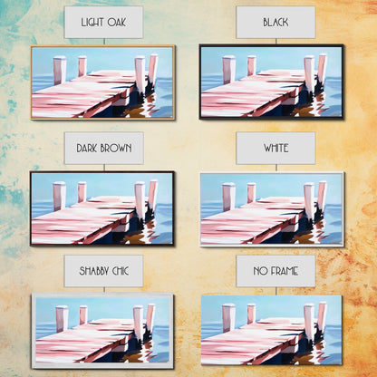 Steg am Wasser, minimalistische Meereslandschaft, Küstendeko, nautische Wandkunst, modernes Strandhaus, Sommerfeeling, blaue Wandkunst, gerahmter Leinwanddruck