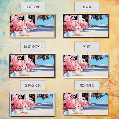 Flowers, Sunlit Walkway, Mediterranean Style Art, Floral Painting, Romantic Landscape, Framed Canvas Print, Outdoor Wall Art, Pastel Tones