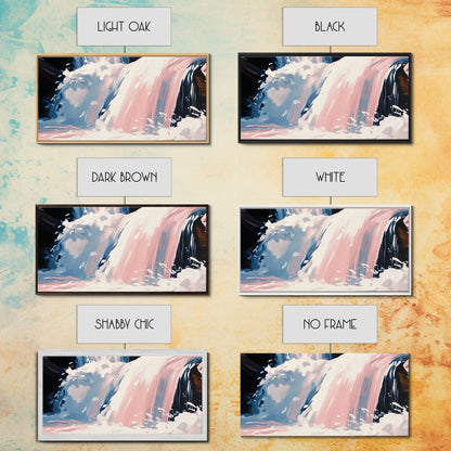 Wasserfallmotiv, Naturwandbild, Ruhige Landschaftskunst, Moderner minimalistischer Druck, Blau- und Rosatöne, Gerahmter Leinwanddruck, Wohnzimmerkunst