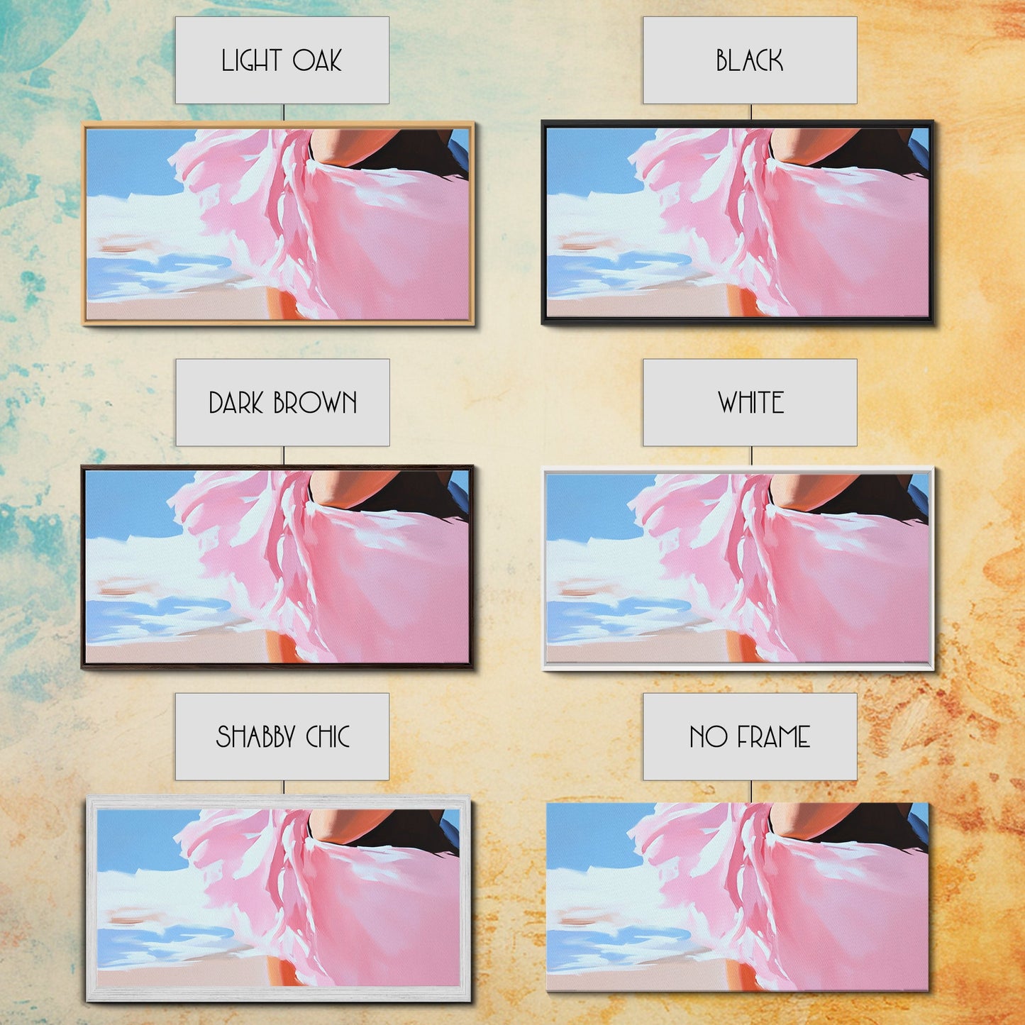 Fließendes Kleid, Strandwind, feminine Eleganz, modische Wandkunst, gerahmter Leinwanddruck, Meeresbrise, moderne Wohndekoration, zartrosa Ästhetik