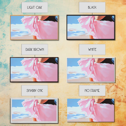 Fließendes Kleid, Strandwind, feminine Eleganz, modische Wandkunst, gerahmter Leinwanddruck, Meeresbrise, moderne Wohndekoration, zartrosa Ästhetik