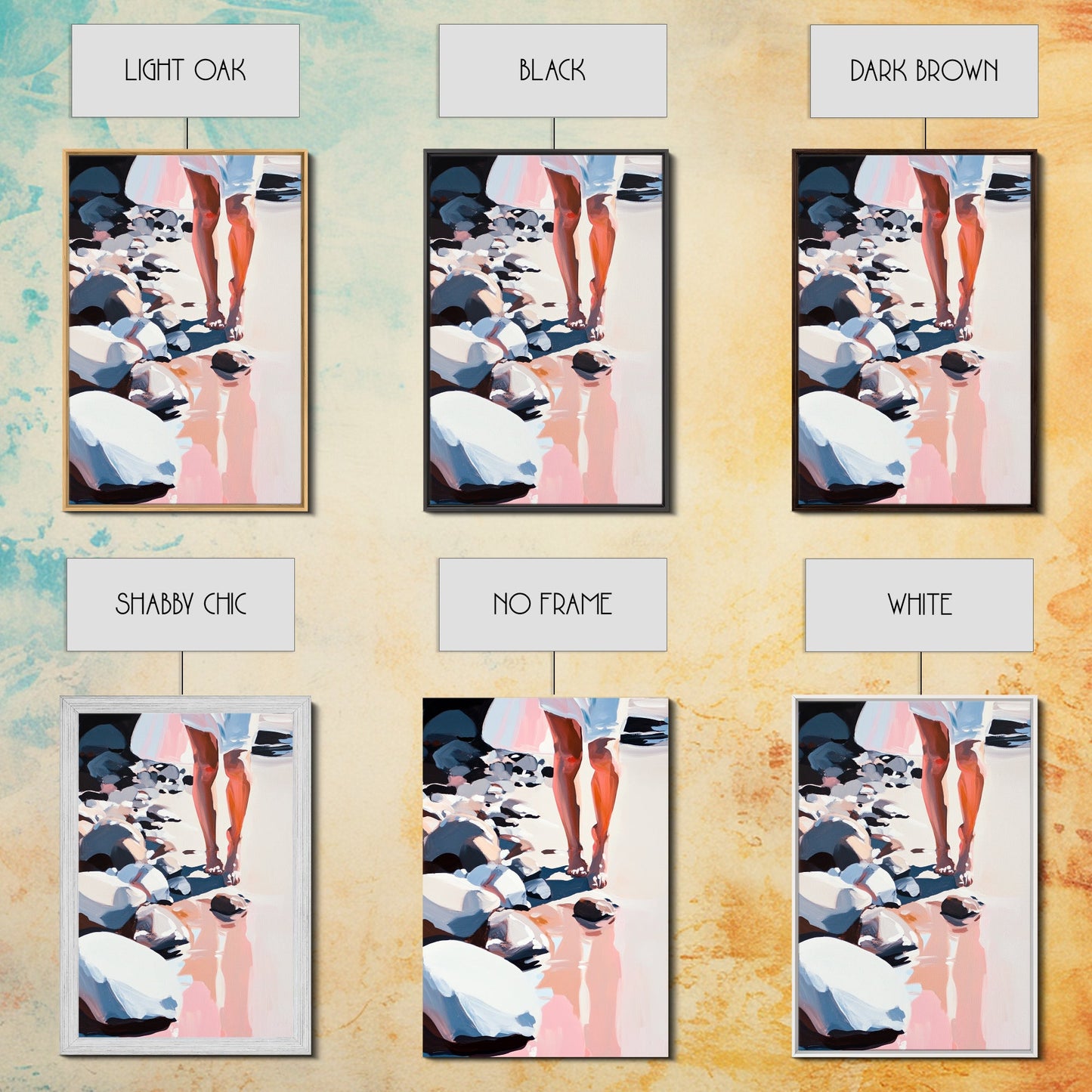 Walking on Rocks, Coastal Reflection, Beach Serenity, Soft Pastel Art, Framed Canvas Print, Nature Home Decor, Modern Wall Art