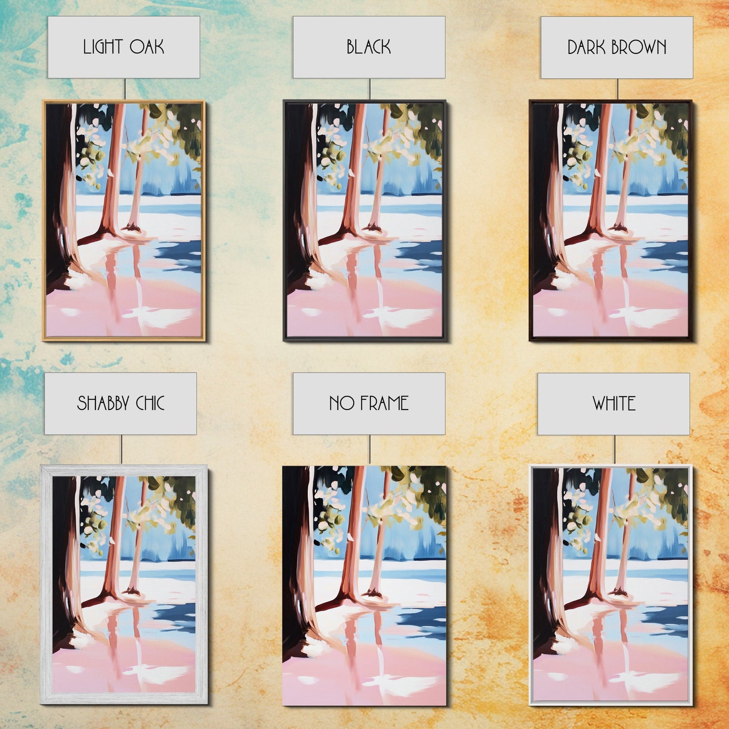 Sunset Reflection, Tranquil Beach, Serene Landscape, Ocean Serenity, Pink Skies, Relaxing Vibes, Framed Canvas Print, Living Room