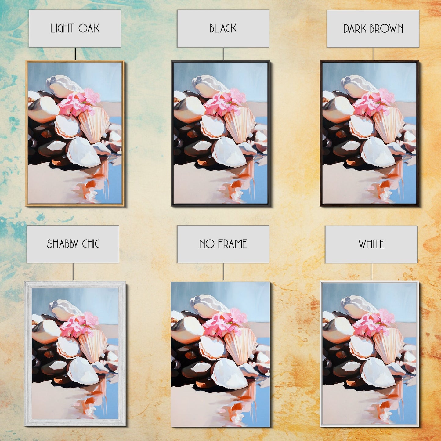 Seashell Collection, Beach Treasures, Coastal Aesthetic, Nautical Wall Art, Framed Canvas Print, Ocean Decor, Living Room Artwork