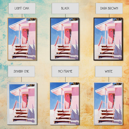 Surf Shack, Tropical Beach House Art, Framed Canvas Print, Pink Coastal Decor, Summer Vibes Wall Art, Relaxing Ocean Painting, Boho Chic