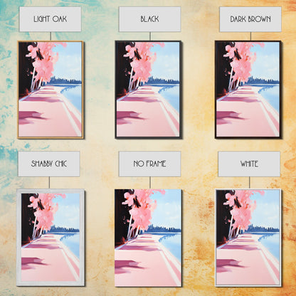 Mediterranean Steps, Coastal Wall Art, Santorini Print, Blue and Pink Decor, Travel Painting, Framed Canvas Print, Living Room Art