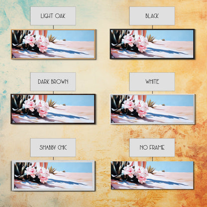 Rosa Blumen, gerahmter Leinwanddruck, florale Wandkunst, Wüstenmotiv, Boho-Ästhetik, moderne Wohndekoration, Schlafzimmerkunst, Naturmalerei