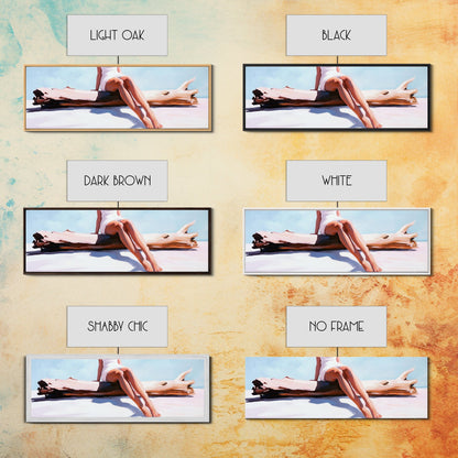 Treibholz-Flucht, Küstenleben-Kunst, Minimalistische Strandszene, Sommerliche Farben, Gerahmter Leinwanddruck, Entspannende Wohndekoration, Vom Meer inspiriert