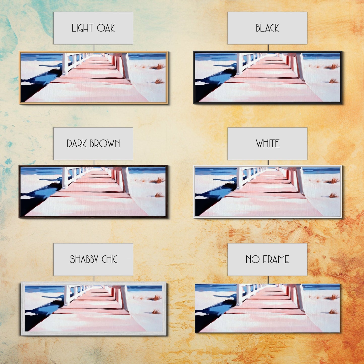 Pink Pier, Beach Walkway, Ocean View, Framed Canvas Print, Coastal Wall Art, Nautical Home Decor, Minimalist Seascape Painting