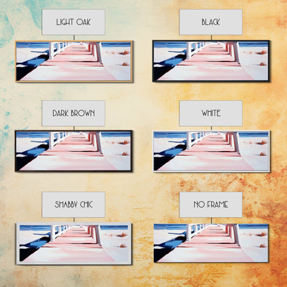 Pink Pier, Beach Walkway, Ocean View, Framed Canvas Print, Coastal Wall Art, Nautical Home Decor, Minimalist Seascape Painting