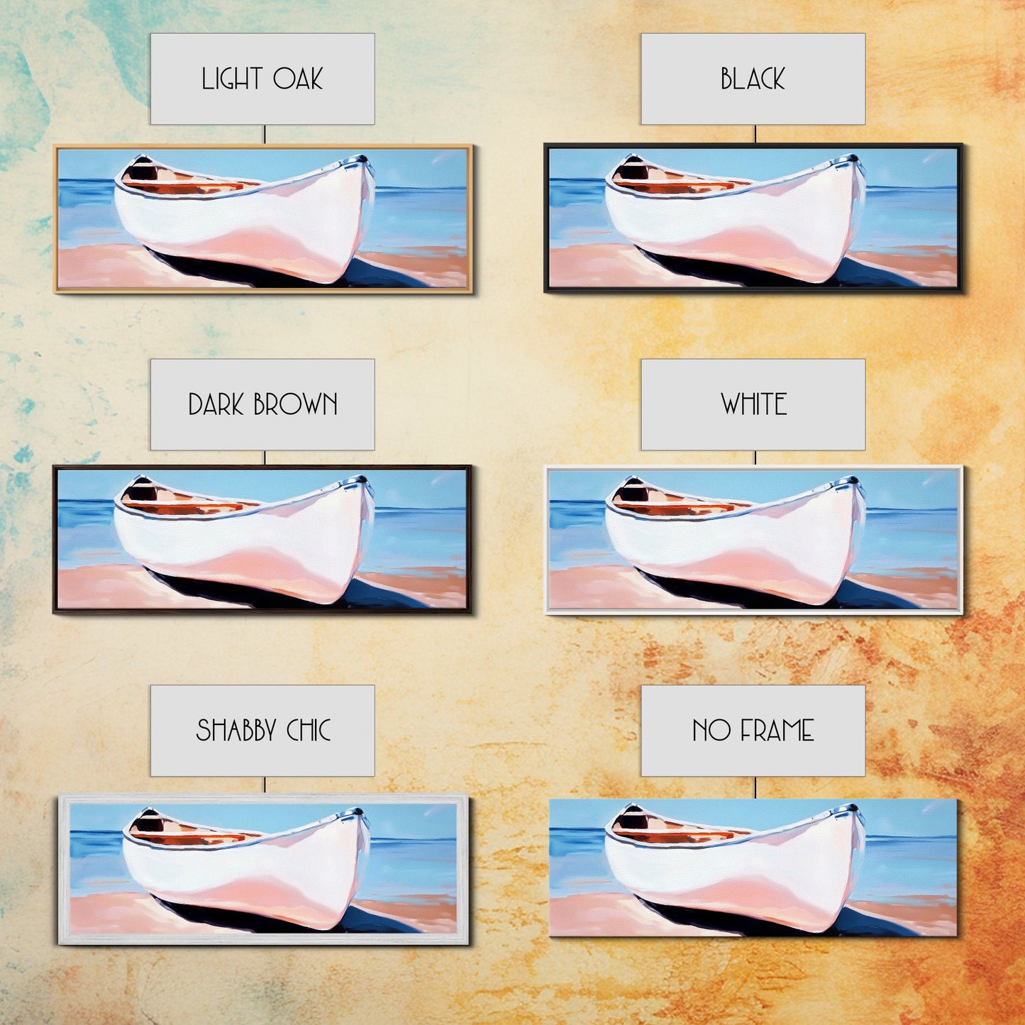 Weißes Kanu, Küstenwandbild, maritime Ästhetik, gerahmter Leinwanddruck, minimalistisches Bootsbild, maritime Kunst für Strandhäuser, Meeresdeko