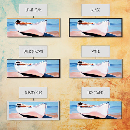 Weißes Kanu, Küstenwandbild, maritime Ästhetik, gerahmter Leinwanddruck, minimalistisches Bootsbild, maritime Kunst für Strandhäuser, Meeresdeko