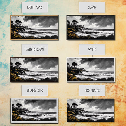 Stormy Coast, Dramatic Sky, Black and White Seascape, Framed Canvas Print, Coastal Wall Art, Large Landscape, Entryway Decor, Moody Art