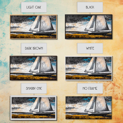 Sailboat Painting, Coastal Nautical, Black and White Boat, Framed Canvas Print, Maritime Decor, Living Room Wall Art, Classic Style