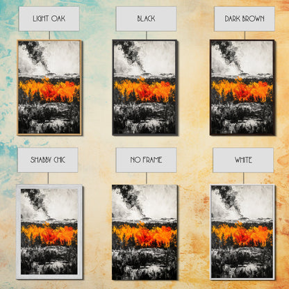Burning Trees, Fiery Autumn Landscape, Dramatic Fall Wall Art, Modern Seasonal Home Decor, Bold Color Painting, Framed Canvas Print