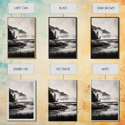 Foggy Forest, Monochrome Wall Art, Nature Landscape, Tranquil Painting, Living Room Decor, Rustic Style, Framed Canvas Print