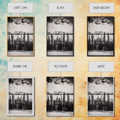 Mountain Serenity, Black and White Landscape, Nature Art, Tranquil Home Decor, Minimalist Painting, Office Artwork, Framed Canvas Print