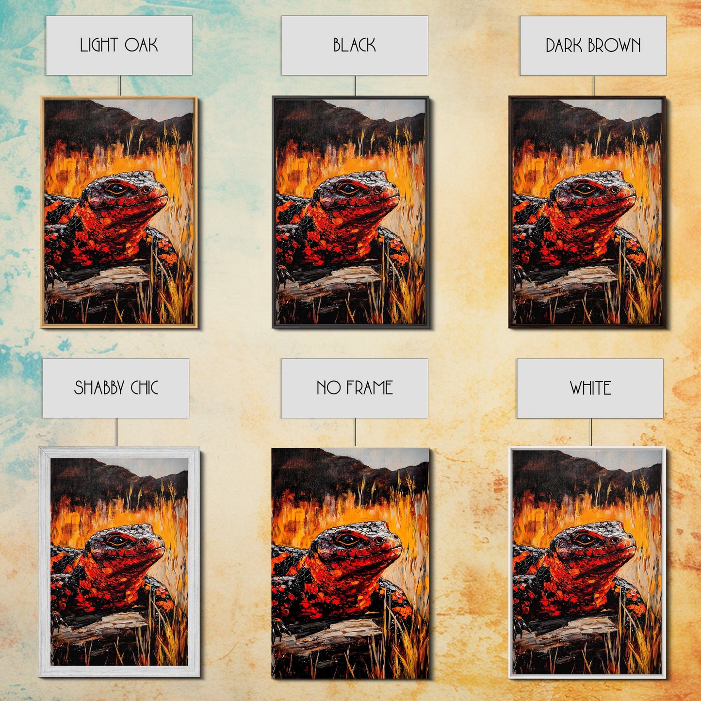 Fiery Lizard, Wildlife Art, Reptile Painting, Nature Wall Art, Rustic Decor, Warm Tones, Fall Wall Art, Living Room Art, Framed Canvas Print