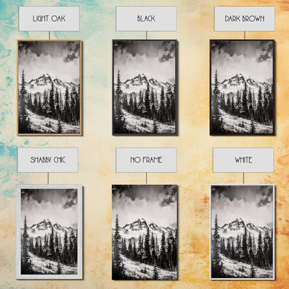 Snowy Peak, Mountain Landscape, Monochrome Art, Winter Wall Art, Nature Inspired, Rustic Wall Decor, Large Wall Art, Framed Canvas Print