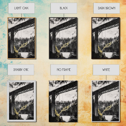 Steel Bridge, Industrial Wall Art, Black and White Landscape, Cityscape Art, Rustic Metal, Loft Style, Office Wall Art, Framed Canvas Print