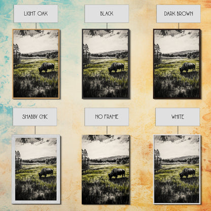 Grazing Bison, Wildlife Art, Rustic Home Decor, Nature Inspired, Western Landscape, Monochrome Art, Cabin Wall Art, Framed Canvas Print