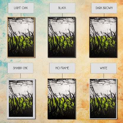 Minimalist Grass Field, Black White Green Nature Art, Abstract Farmhouse Wall Decor, Modern Simple Landscape, Framed Canvas Print