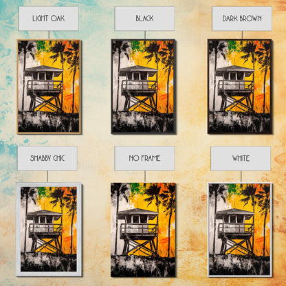 Lifeguard Tower, Beach House Art, Tropical Wall Art, Coastal Sunset, Vibrant Palm Trees, California Decor, Canvas Print, Living Room