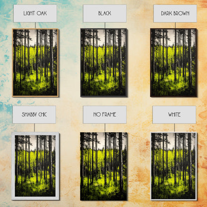 Forest Sunlight, serene nature painting, lush green forest, peaceful landscape wall art, calming home decor, framed canvas print, cabin art