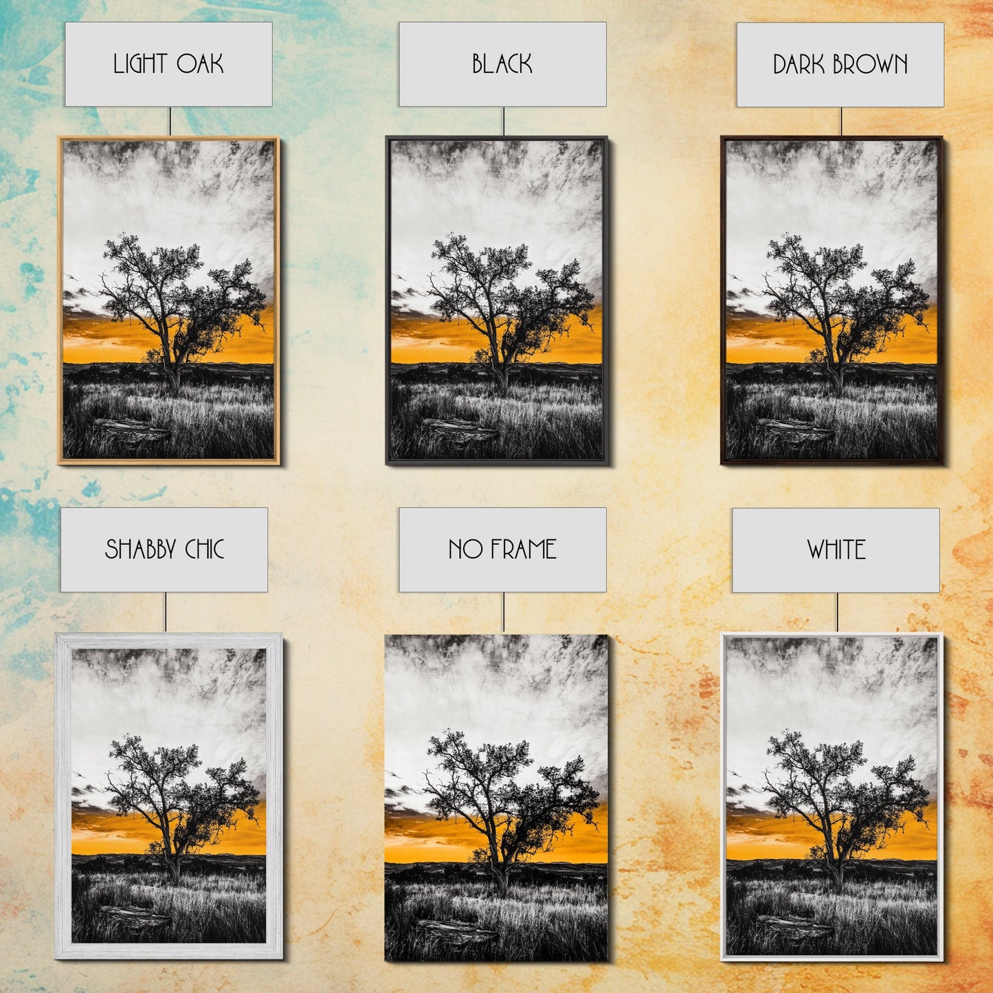 Lone Tree Sunset, dramatic landscape print, fall sunset art, rustic countryside decor, warm autumn painting, framed canvas print, hallway