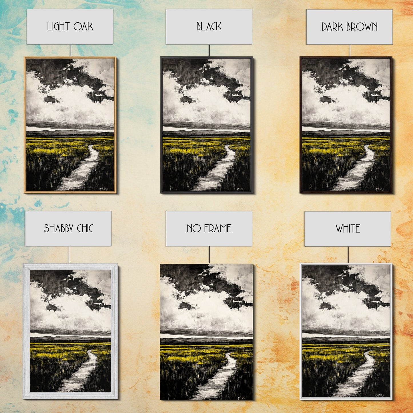 Field Pathway, dreamy landscape painting, country road art, scenic nature wall decor, calming yellow tones, framed canvas print, entryway