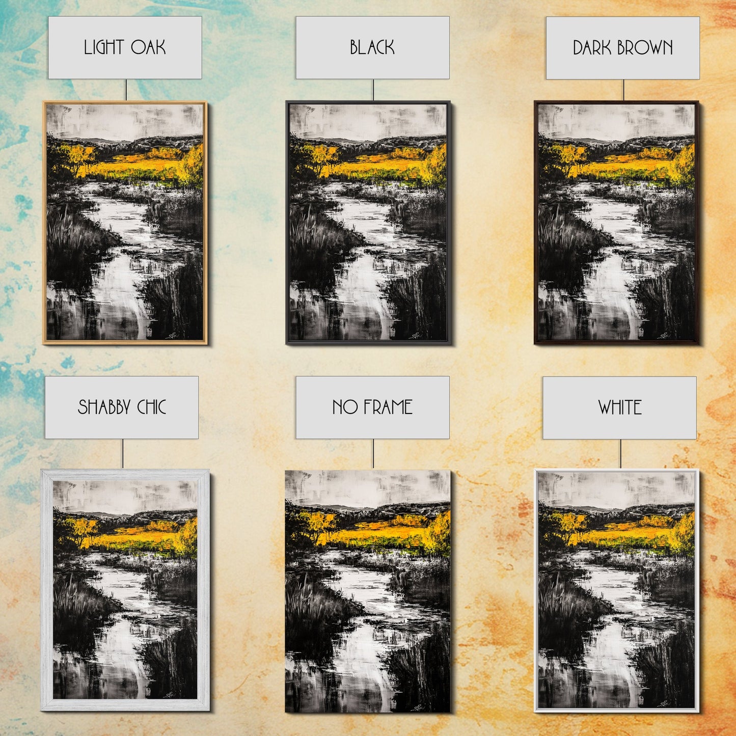 Black White Landscape, Yellow Trees, River Stream Art, Rustic Farmhouse Decor, Modern Nature Wall Art, Bedroom Wall Decor, Canvas Print