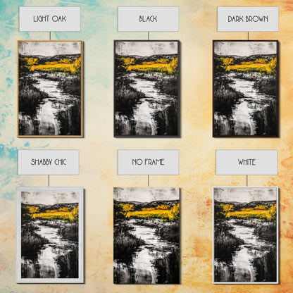 Black White Landscape, Yellow Trees, River Stream Art, Rustic Farmhouse Decor, Modern Nature Wall Art, Bedroom Wall Decor, Canvas Print