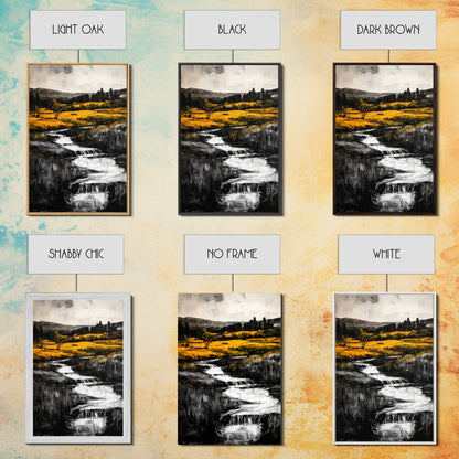 Golden Meadow, Nature Landscape, Rustic Wall Art, Framed Canvas Print, Country Farmhouse Decor, Waterfall Painting, Fall Vibes