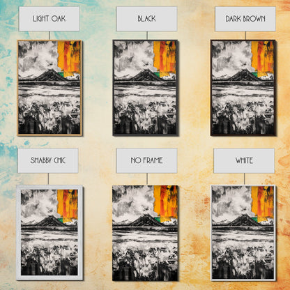Volcano Landscape, Abstract Nature Art, Bold Modern Painting, Framed Canvas Print, Monochrome Mountains, Adventure Wall Decor