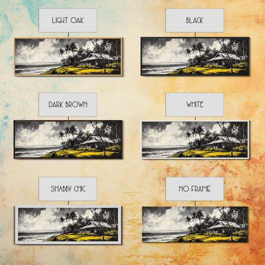 Tropical Beach House, Coastal Landscape Painting, Black and White Palm Tree Print, Island Wall Decor, Relaxing Canvas Print, Framed Canvas Print