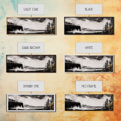 Steilküste, dramatisches Meerespanorama, stimmungsvolle Küste, monochrom, gerahmter Leinwanddruck, Küsten-Wandkunst, nautische Dekoration, großes Wandbild