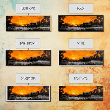 Farm Sunset, Old Barn, Fiery Sky, Rustic Landscape, Framed Canvas Print, Country Wall Art, Western Home Decor, Harvest Season Artwork