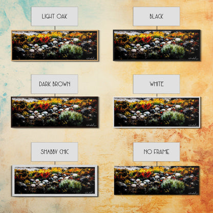 Rocky Shoreline, Wildflowers, Coastal Landscape, Framed Canvas Print, Autumn Beach Scene, Rustic Nature Painting, Entryway Wall Art