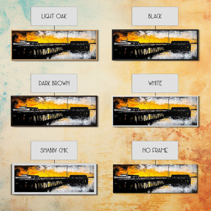 Sunset Pier, Coastal Wall Art, Nautical Art, Framed Canvas Print, Rustic Wall Decor, Boho Art, Living Room Art, Boat Painting