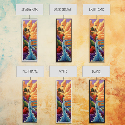 Rainbow Cliff, Ocean Waves, Sunset Coast, Framed Canvas Print, tropical beach decor, vibrant boho wall art, coastal entryway painting