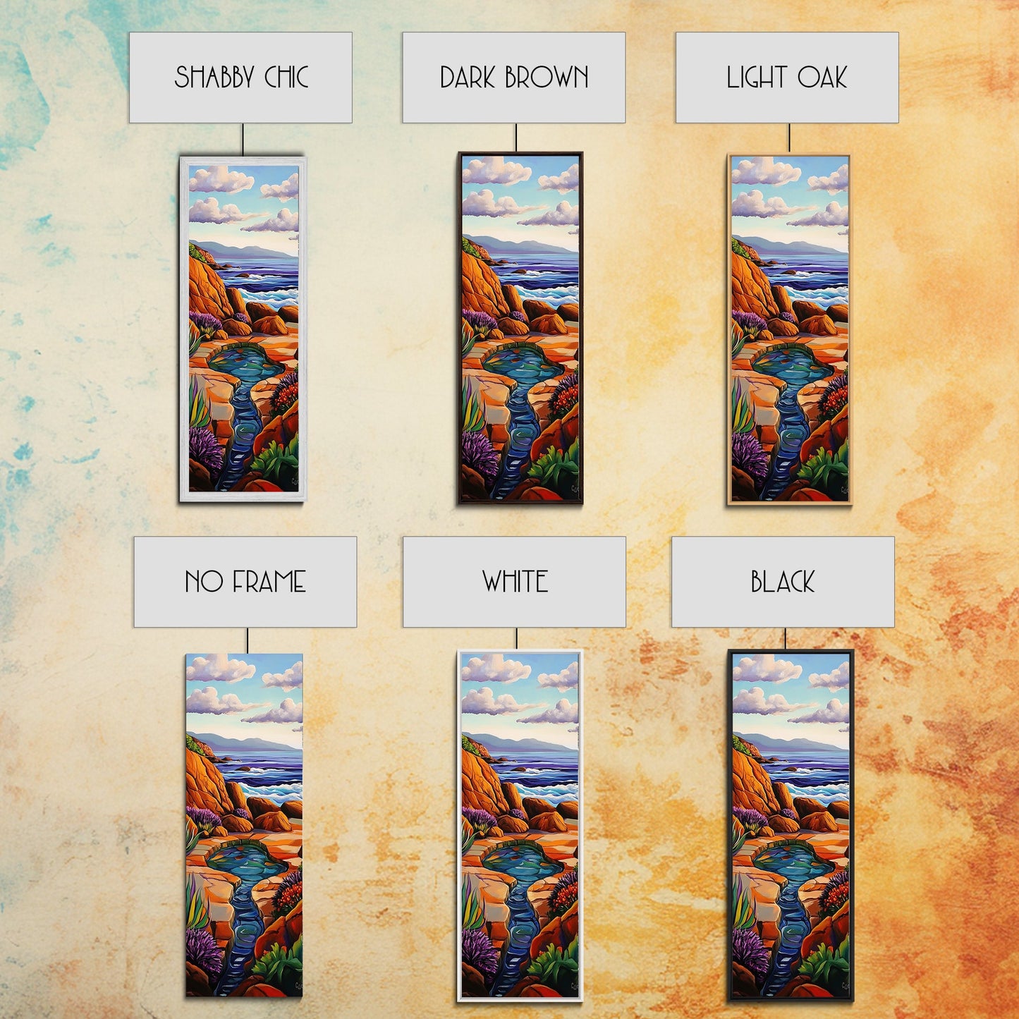 Waves Rocks, Ocean, Pastel, Framed Canvas Print, Crashing wave pastel seascape painting, calming ocean wall decor, coastal home design