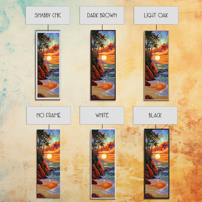 Tropical Sunset, Palms, Beach Framed Canvas Print vibrant tropical sunset scene, palm tree ocean art, vacation vibes, hallway wall print