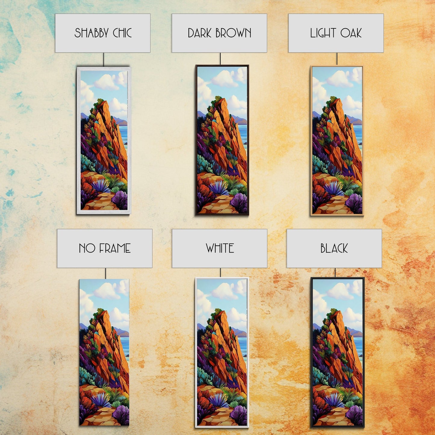 Cliff Trail, Seaside, Vista, Framed Canvas Print, nature hiking trail painting, boho wall decor, mountain sea view artwork, living room print