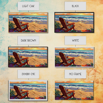 Chair Ocean, Sunset, Framed Canvas Print, Tranquil Beach Chair Painting, Relaxing Seaside Wall Decor, Zen Office Artwork