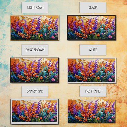 Flowers Sunset, Vibrant, Nature, Framed Canvas Print, Fall Wildflower Art, Boho Floral Wall Decor, Kitchen or Entryway Accent