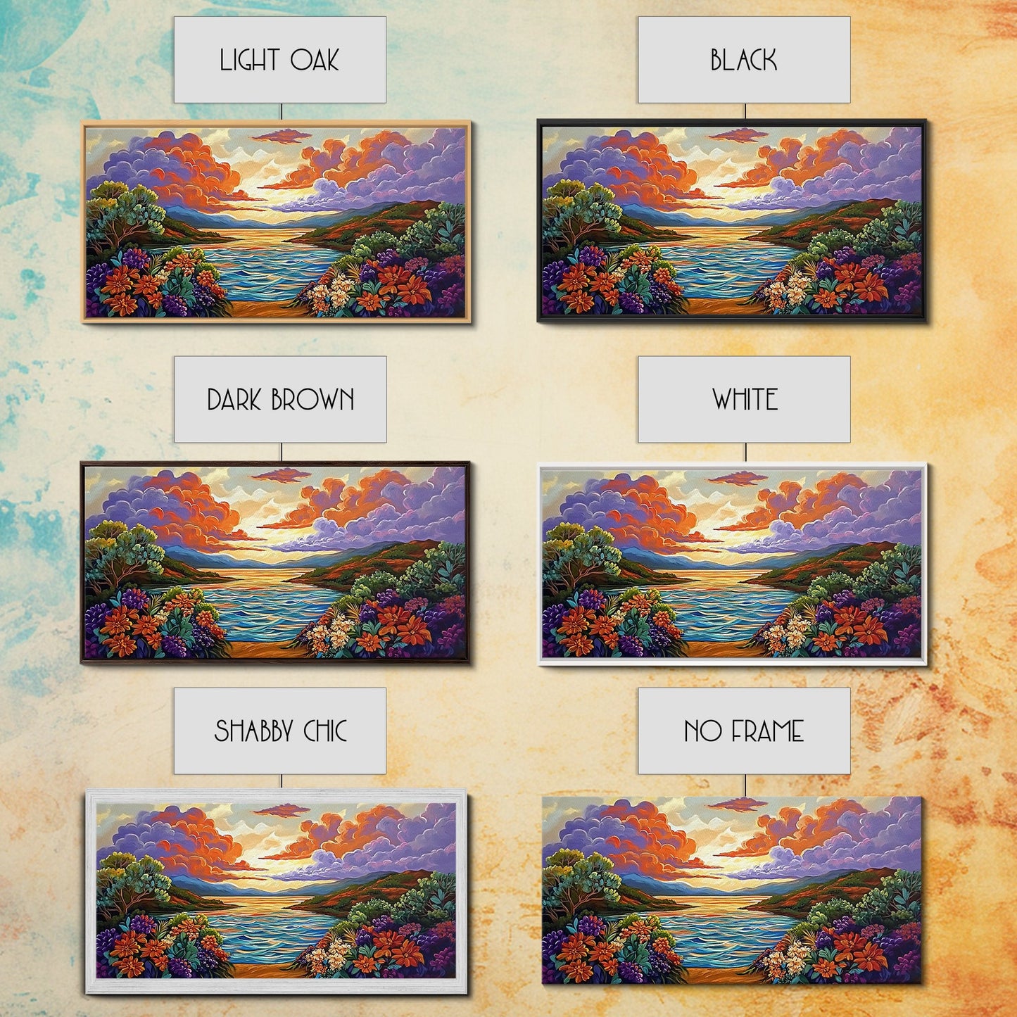 Sunset Floral, Lake, Garden, Framed Canvas Print, romantic nature painting, bedroom wall art, bright flower garden decor, sunset print