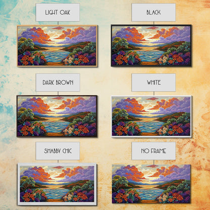 Sunset Floral, Lake, Garden, Framed Canvas Print, romantic nature painting, bedroom wall art, bright flower garden decor, sunset print