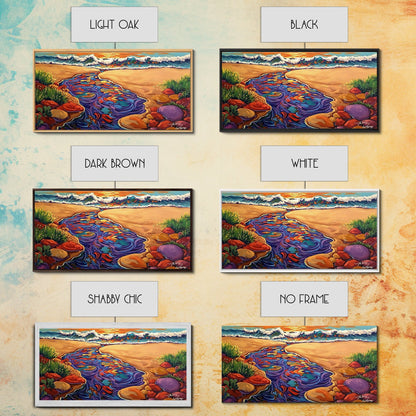 Ocean Stream, Sunset, Framed Canvas Print, Vibrant Beach Painting, Surf Wall Art, Coastal Decor, Sunset Seascape, Colorful Nature Art