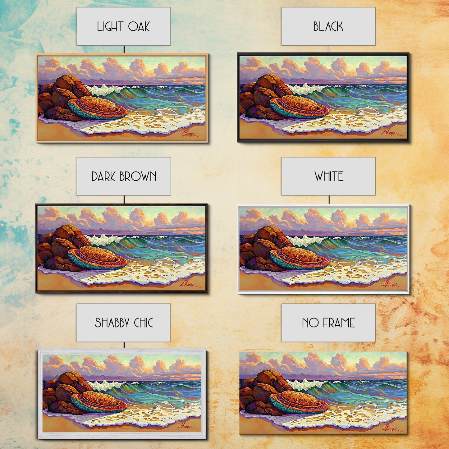 Conchas Beach, Sunset, Waves, Canvas Print, Mexican sweet bread art, kitchen wall decor, colorful bakery art, beach wall painting