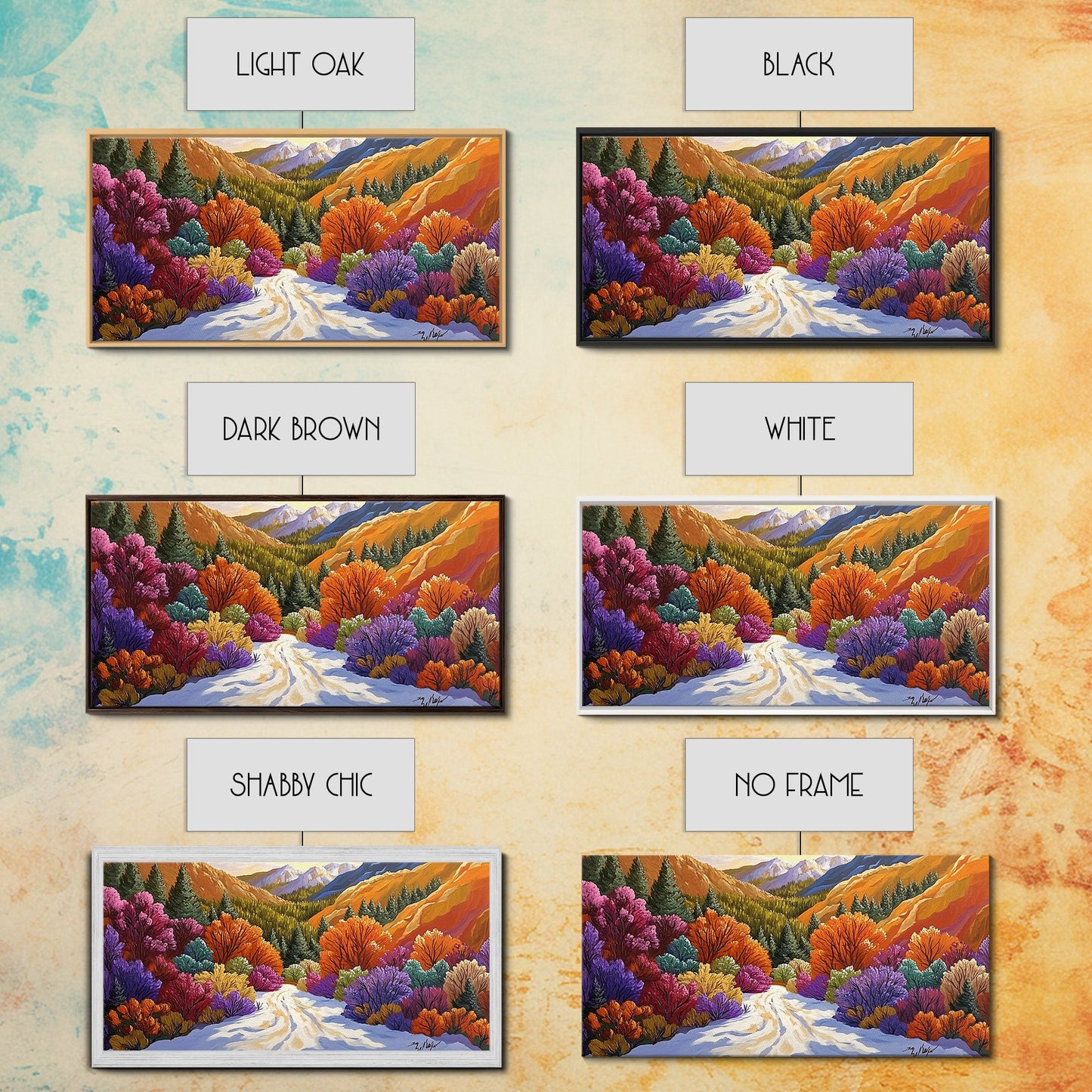 Autumn Forest, Snow, Trail, Canvas Print, Fall landscape painting, cabin wall decor, cozy mountain art, vibrant rustic hallway print